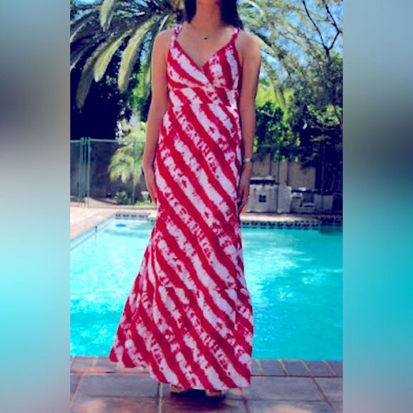 Calypso St. Barth Target Pink Red Tie Dye Cotton Tiered Maxi Dress Faux Wrap 12 - Picture 1 of 12